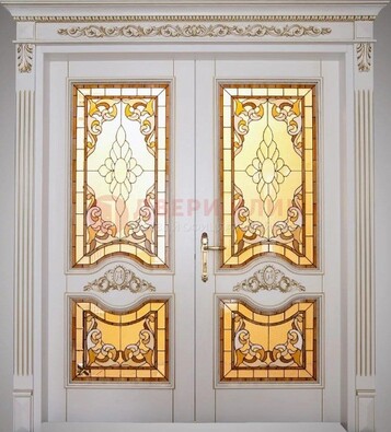 Элитная металлическая дверь с витражом и отделкой массив ВЖ-4 в Воронеже